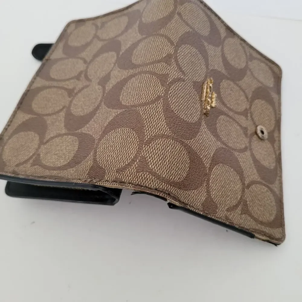 Coach Wallet‎ Crossgrain Leather Monogram Black Tan Medium Bifold Logo Compact